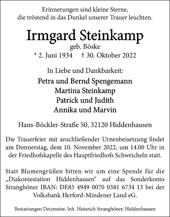 Traueranzeige von Irmgard Steinkamp von Westfalen-Blatt