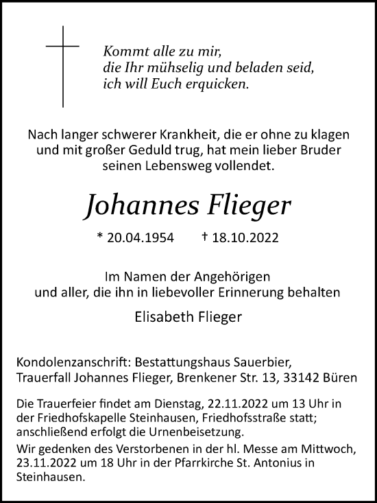 Traueranzeige von Johannes Flieger von Westfalen-Blatt