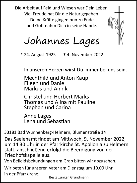 Traueranzeige von Johannes Lages von Westfalen-Blatt