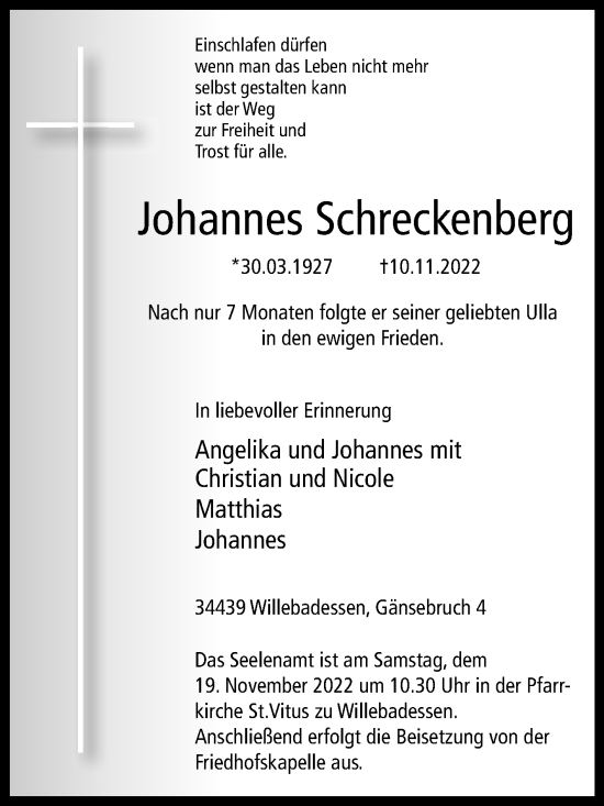 Traueranzeige von Johannes Schreckenberg von Westfalen-Blatt