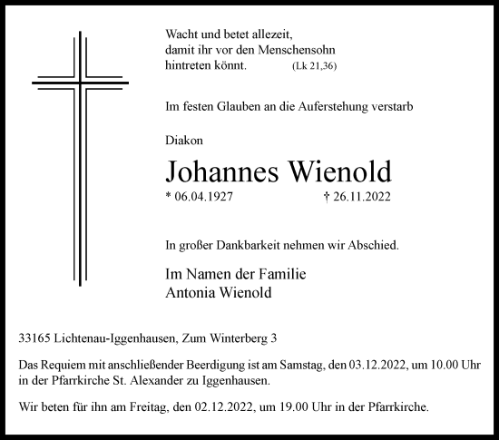 Traueranzeige von Johannes Wienold von Westfalen-Blatt