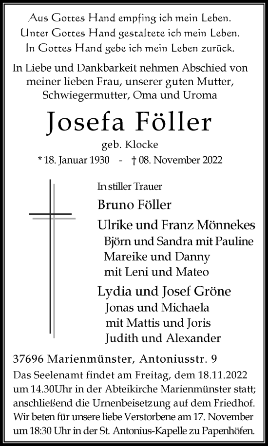 Traueranzeige von Josefa Föller von Westfalen-Blatt