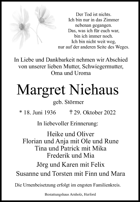 Traueranzeige von Margret Niehaus von Westfalen-Blatt