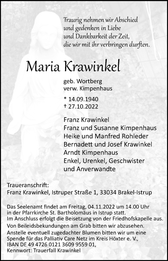 Traueranzeige von Maria Krawinkel von Westfalen-Blatt