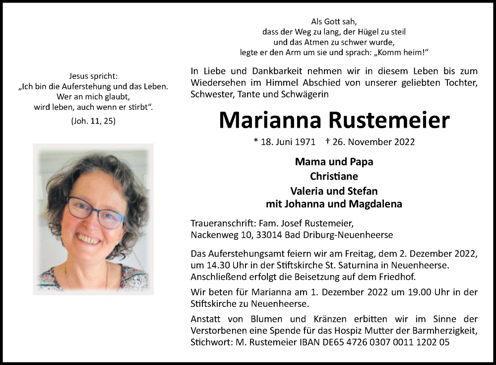  Traueranzeige für Marianna Rustemeier vom 29.11.2022 aus Westfalen-Blatt