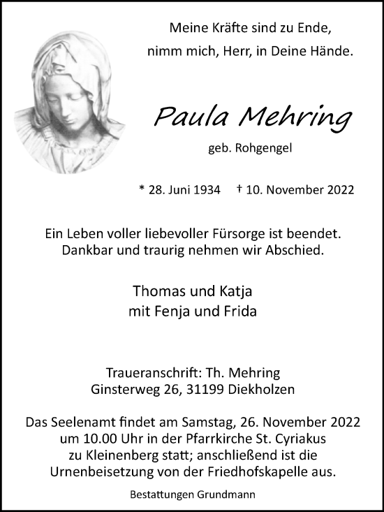 Traueranzeige von Paula Mehring von Westfalen-Blatt