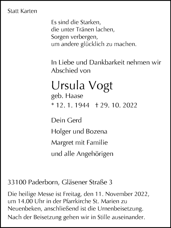 Traueranzeige von Ursula Vogt von Westfalen-Blatt