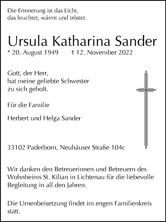 Traueranzeige von Ursula Katharina Sander von Westfalen-Blatt