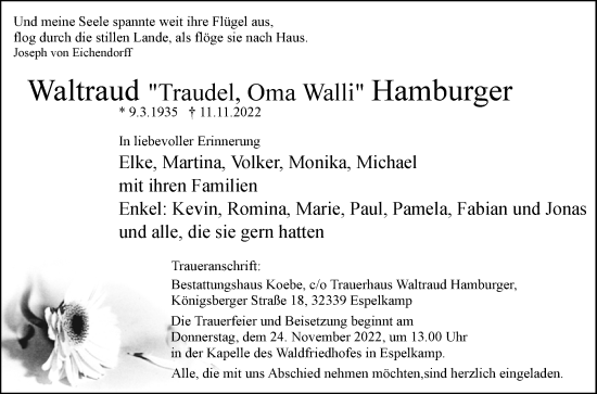 Traueranzeige von Waltraud  Hamburger von Westfalen-Blatt