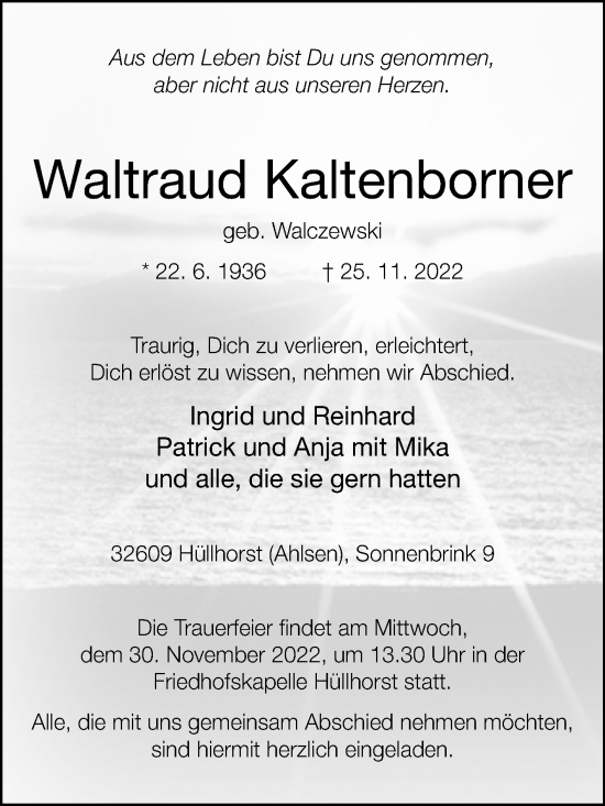 Traueranzeige von Waltraud Kaltenborner von Westfalen-Blatt