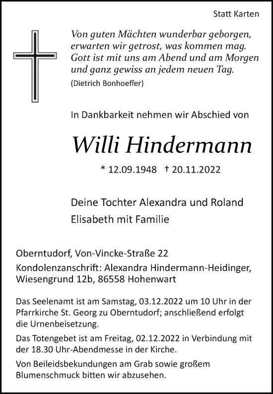 Traueranzeige von Willi Hindermann von Westfalen-Blatt