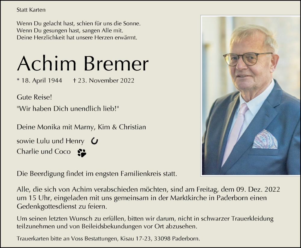  Traueranzeige für Achim Bremer vom 03.12.2022 aus Westfalen-Blatt