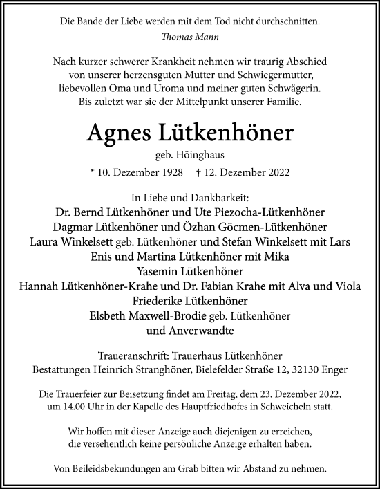 Traueranzeige von Agnes Lütkenhöner von Westfalen-Blatt