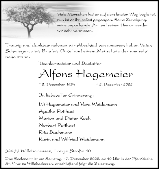 Traueranzeige von Alfons Hagemeier von Westfalen-Blatt