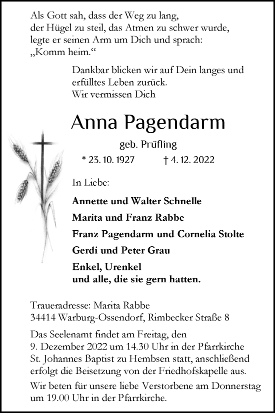 Traueranzeige von Anna Pagendarm von Westfalen-Blatt