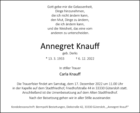 Traueranzeige von Annegret Knauff von Westfalen-Blatt