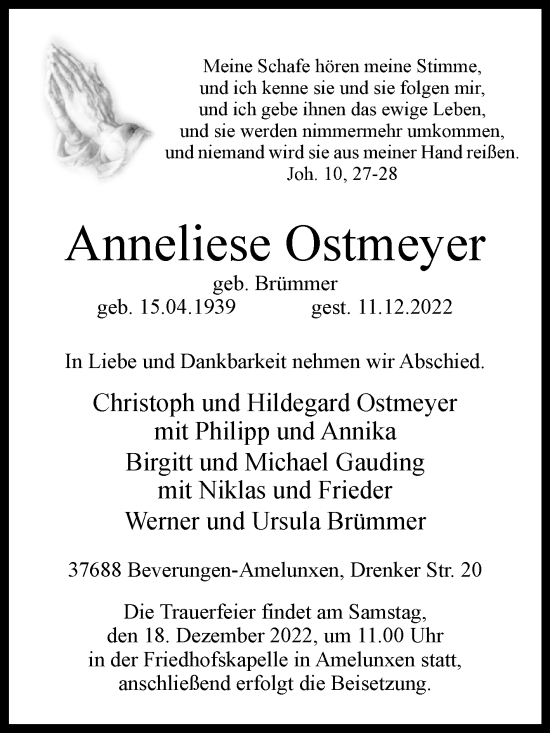 Traueranzeige von Anneliese Ostmeyer von Westfalen-Blatt