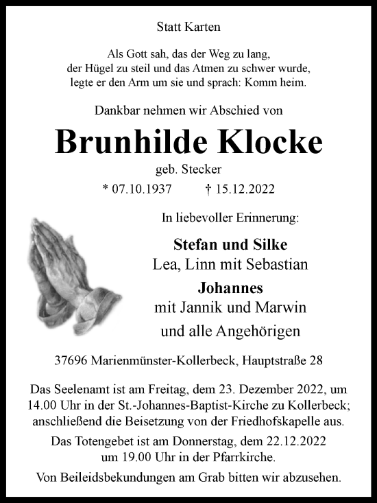 Traueranzeige von Brunhilde Klocke von Westfalen-Blatt