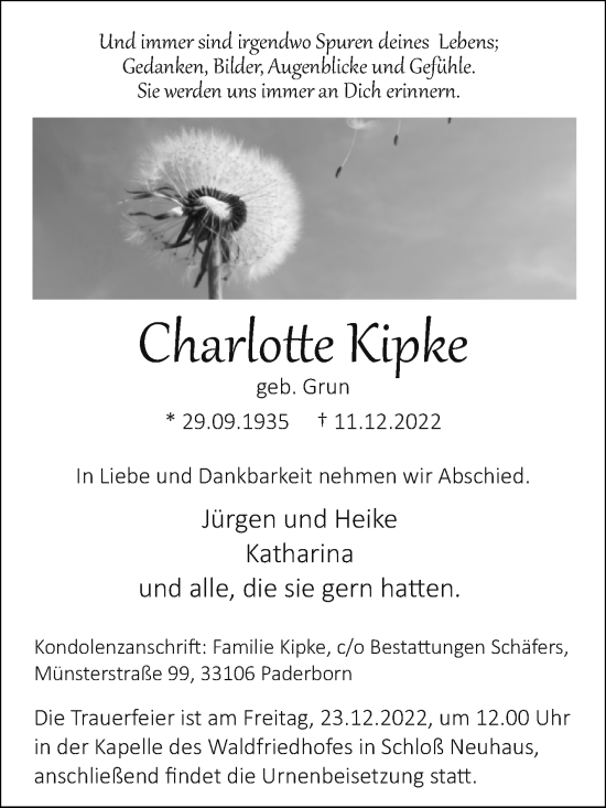 Traueranzeige von Charlotte Kipke von Westfalen-Blatt