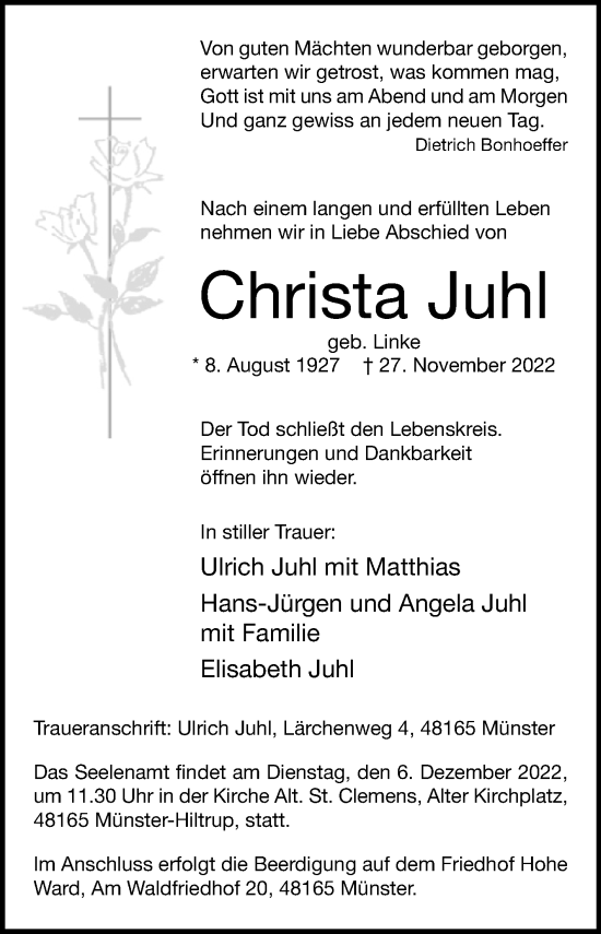 Traueranzeige von Christa Juhl von Westfalen-Blatt