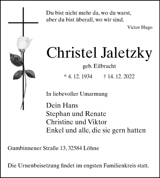 Traueranzeige von Christel Jaletzky von Westfalen-Blatt