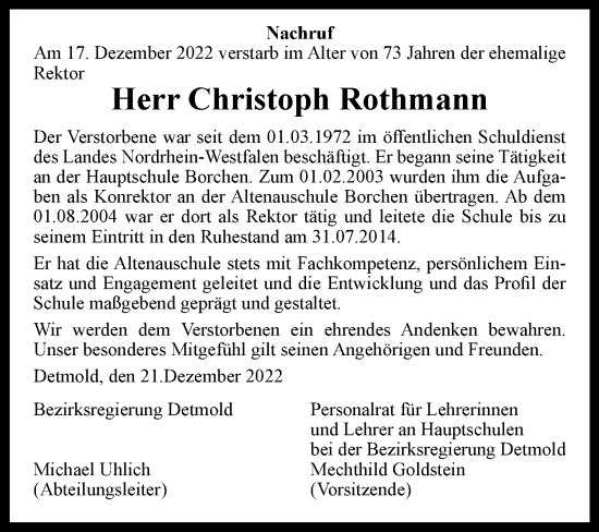 Traueranzeige von Christoph Rothmann von Westfalen-Blatt