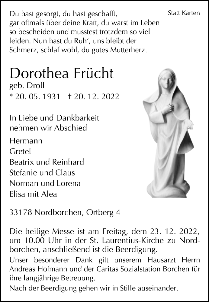  Traueranzeige für Dorothea Frücht vom 21.12.2022 aus Westfalen-Blatt