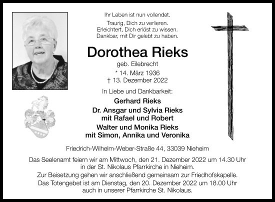 Traueranzeige von Dorothea Rieks von Westfalen-Blatt