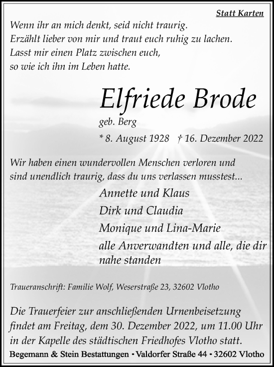 Traueranzeige von Elfriede Brode von Westfalen-Blatt