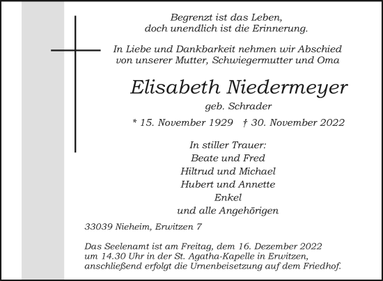 Traueranzeige von Elisabeth Niedermeyer von Westfalen-Blatt