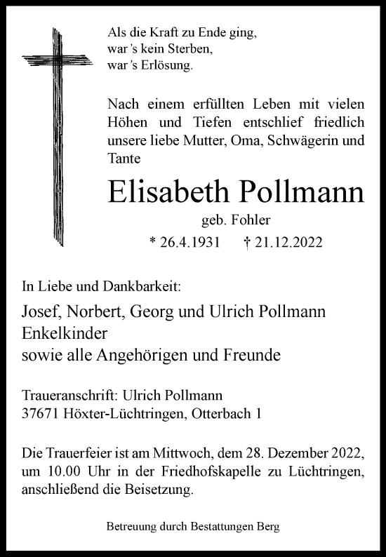 Traueranzeige von Elisabeth Pollmann von Westfalen-Blatt