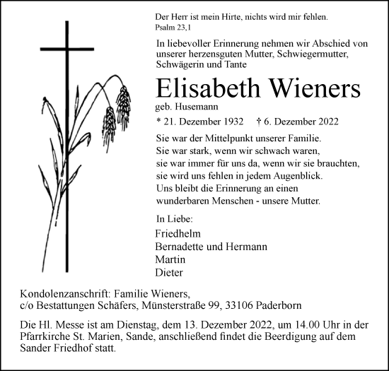 Traueranzeige von Elisabeth Wieners von Westfalen-Blatt