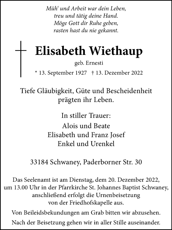 Traueranzeige von Elisabeth Wiethaup von Westfalen-Blatt