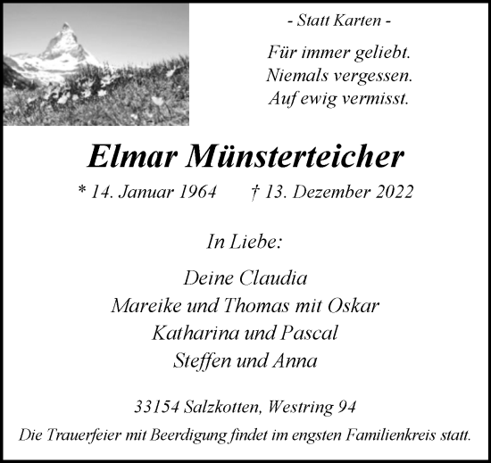 Traueranzeige von Elmar Münsterteicher von Westfalen-Blatt