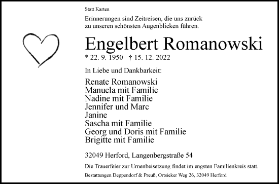 Traueranzeige von Engelbert Romanowski von Westfalen-Blatt