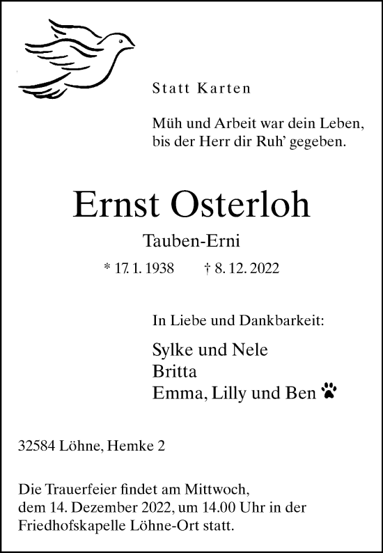 Traueranzeige von Ernst Osterloh von Westfalen-Blatt