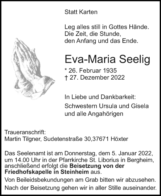 Traueranzeige von Eva-Maria Seelig von Westfalen-Blatt