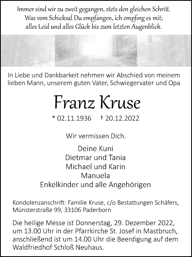  Traueranzeige für Franz Kruse vom 24.12.2022 aus Westfalen-Blatt