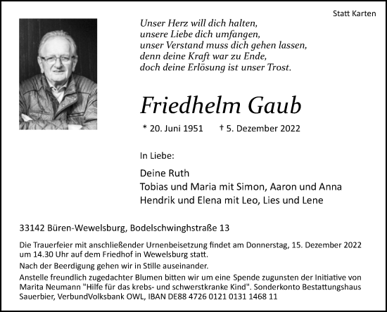 Traueranzeige von Friedhelm Gaub von Westfalen-Blatt