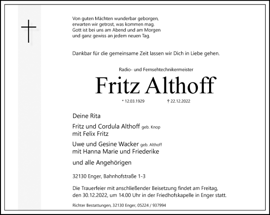 Traueranzeige von Fritz Althoff von Westfalen-Blatt