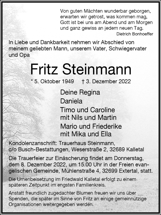 Traueranzeige von Fritz Steinmann von Westfalen-Blatt