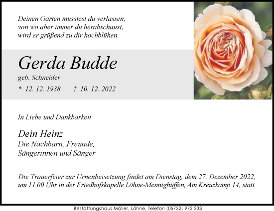 Traueranzeige von Gerda Budde von Westfalen-Blatt