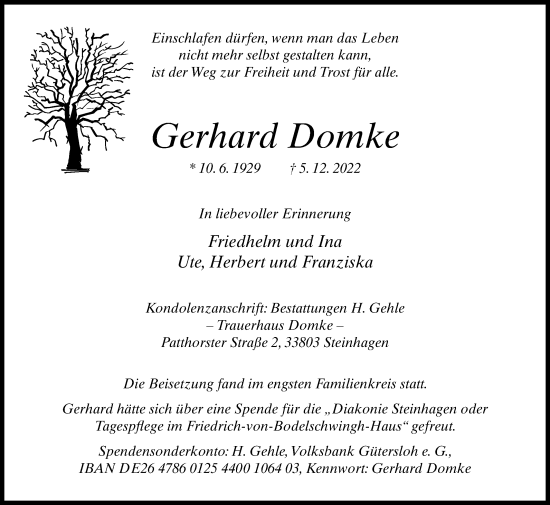 Traueranzeige von Gerhard Domke von Westfalen-Blatt