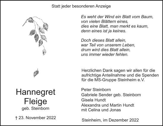 Traueranzeige von Hannegret Fleige von Westfalen-Blatt