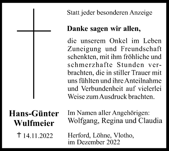 Traueranzeige von Hans-Günter Wulfmeier von Westfalen-Blatt