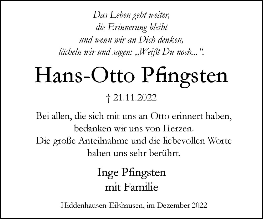  Traueranzeige für Hans-Otto Pfingsten vom 31.12.2022 aus Westfalen-Blatt