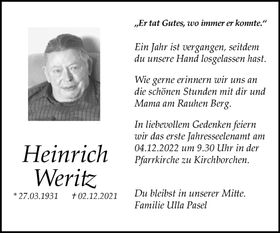 Traueranzeige von Heinrich Weritz von Westfalen-Blatt