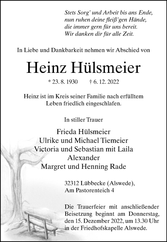 Traueranzeige von Heinz Hülsmeier von Westfalen-Blatt