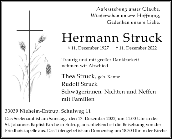 Traueranzeige von Hermann Struck von Westfalen-Blatt