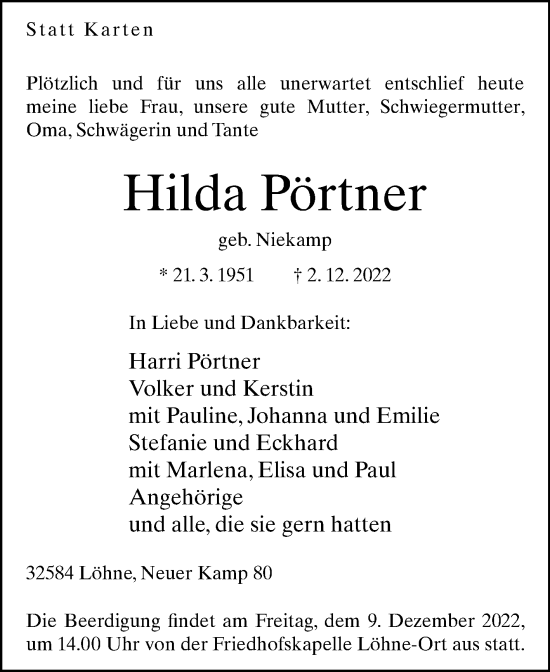 Traueranzeige von Hilda Pörtner von Westfalen-Blatt